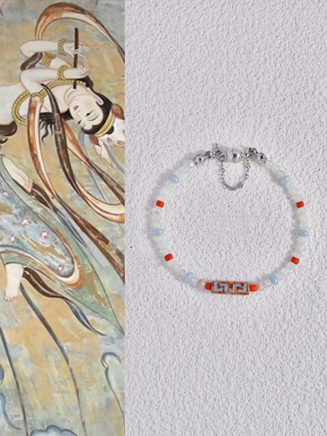 Dunhuang bracelet with red, white, and blue Czech beads