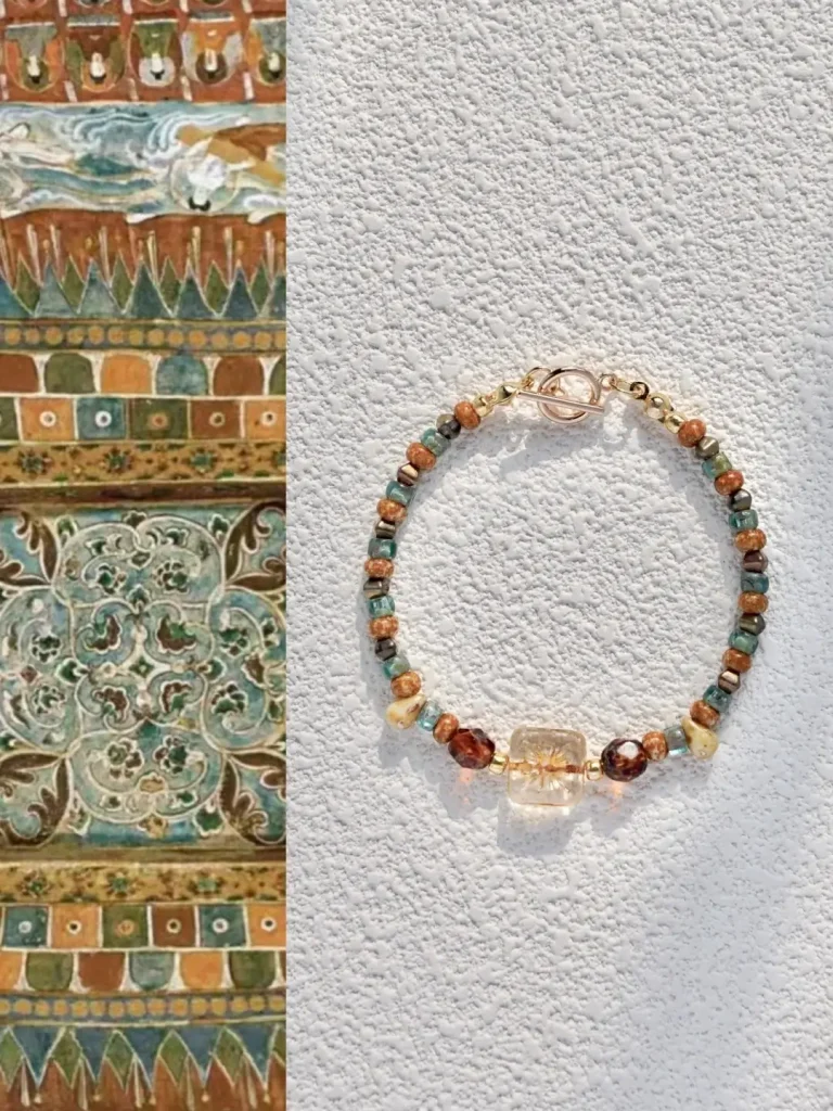 Dunhuang bracelet with yellow, blue, and green Czech beads