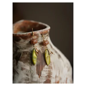 Green leaf dangle earrings handmade in vintage style for everyday wear
