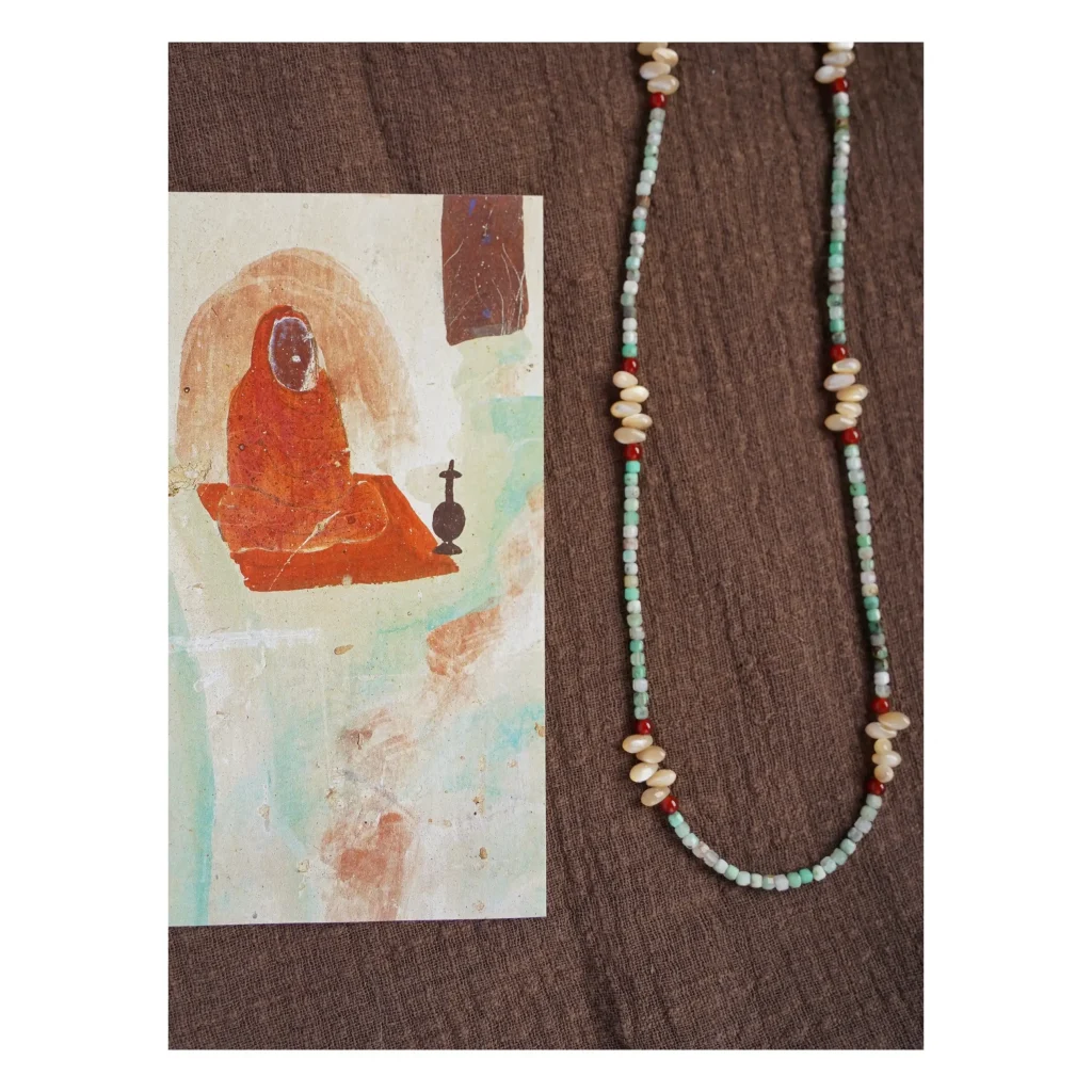 Green chalcedony multi-functional long necklace with red agate, perfect for layering and versatile styling.