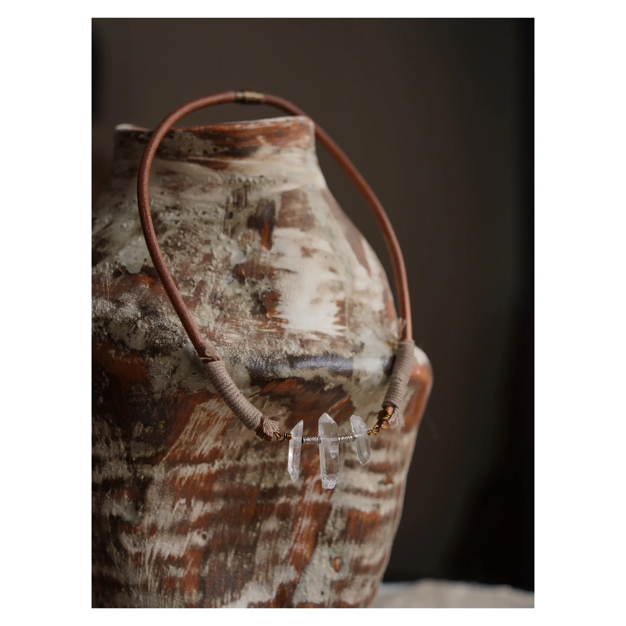 Handmade white crystal necklace with Thai silver accents in a bohemian-inspired design.