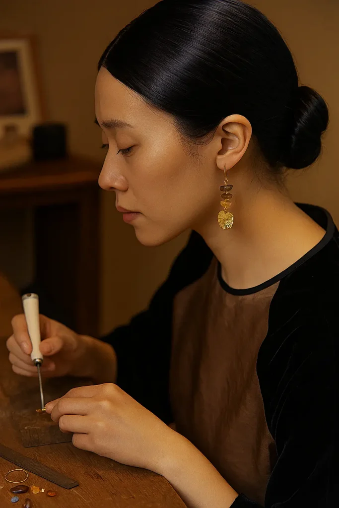 A young woman crafting jewelry with focus, surrounded by tools and natural elements — an image from The Jewea Story.