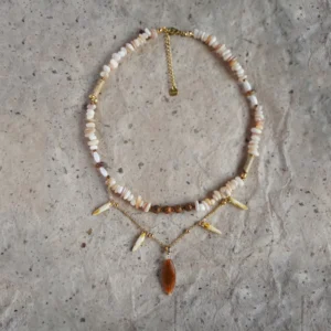 Handmade double-layer seashell necklace with picture jasper stones and 14K gold accents.