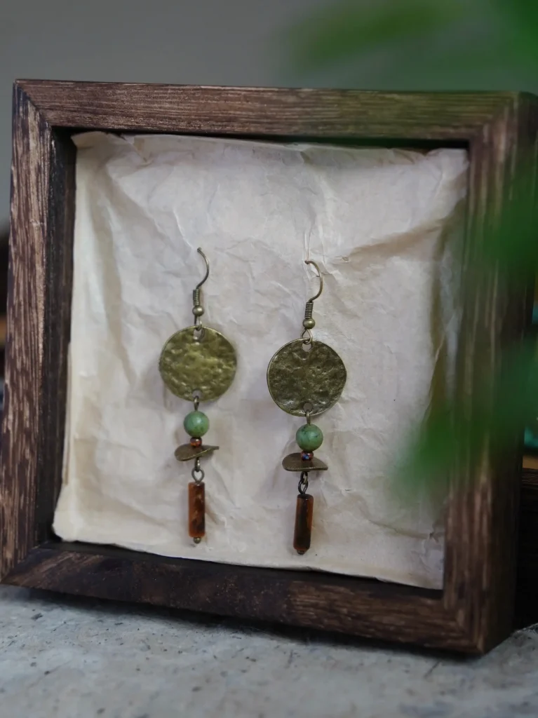 Vintage brass earrings with tiger’s eye pendant, ideal birthday gift for mom