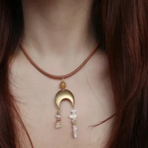 Handmade Organic Seashell Earrings with brass crescent and natural yellow agate, lightweight boho coastal design.