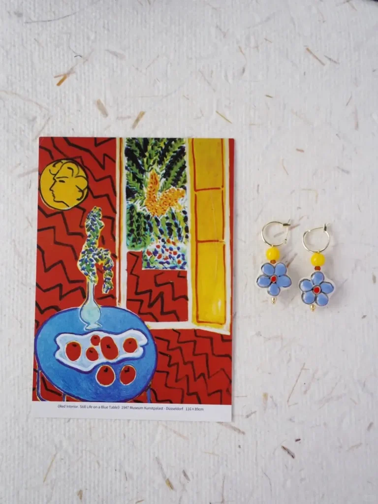 Floral drop earrings with yellow agate and hand-painted ceramic beads in handmade vintage style

