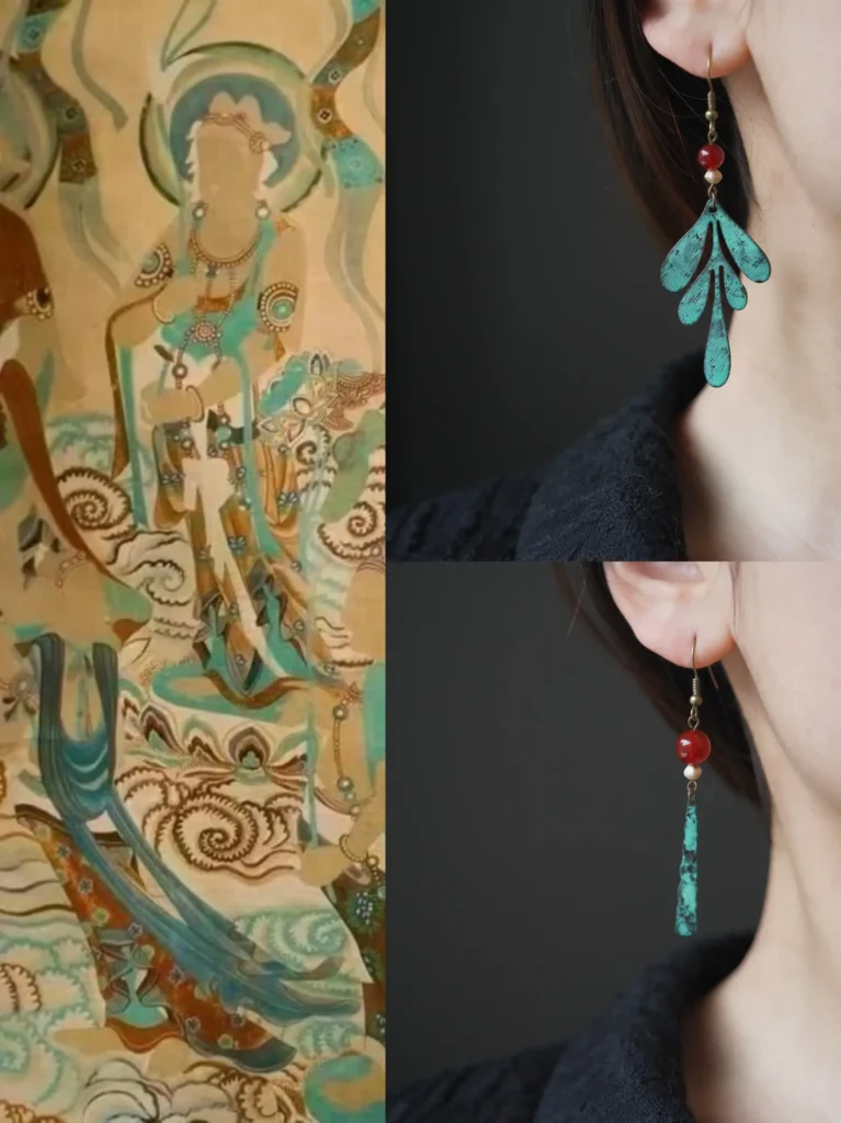 Handmade vintage earrings with green patina and artistic Dunhuang mural inspiration.