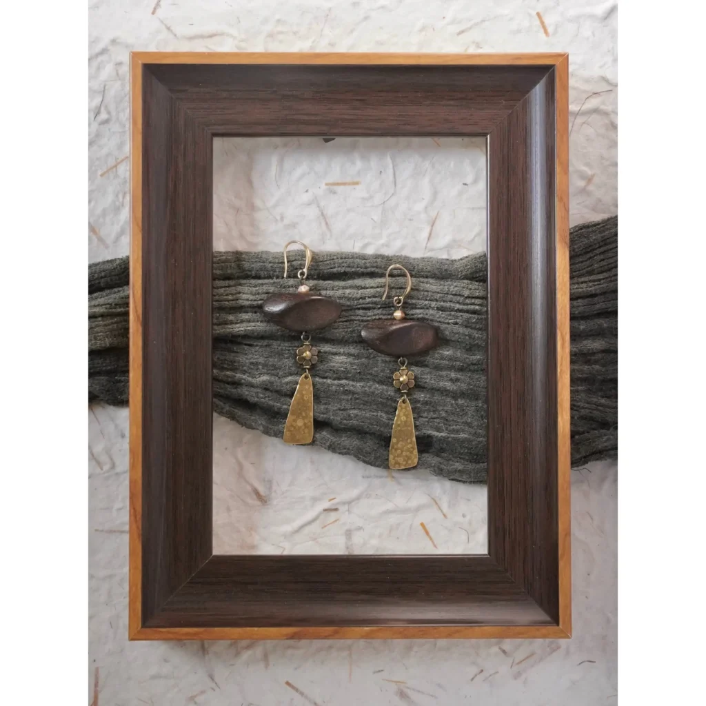 Zen-style handmade vintage earrings made with natural wood beads and brass