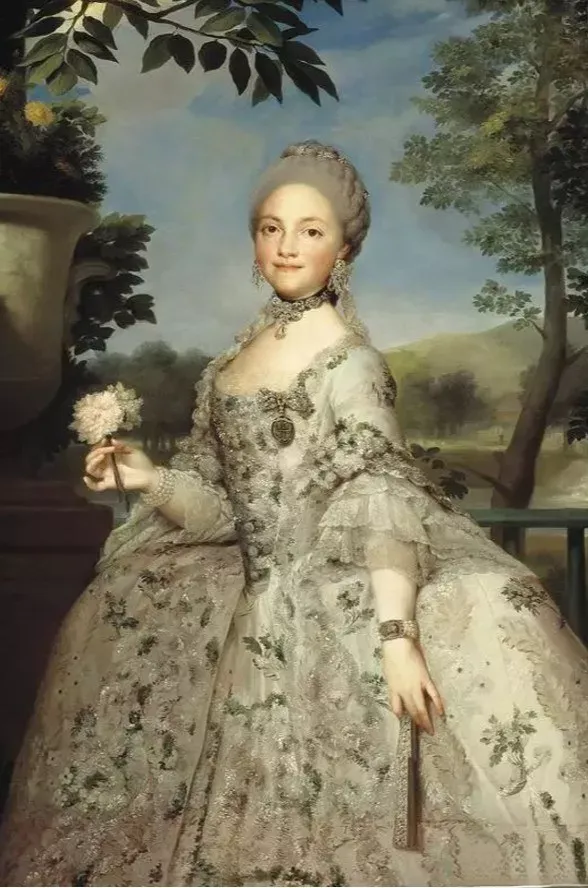An illustration of Maria, shortly after marrying Charles IV in 1765, as depicted by Anton Raphael Mengs, showcasing her regal appearance.