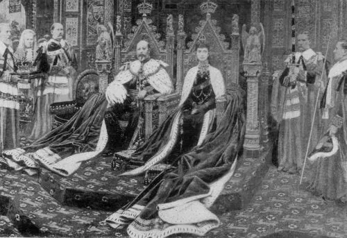 Edward VII and his queen, embodying the royal elegance and influence of the Edwardian era on jewelry and fashion.