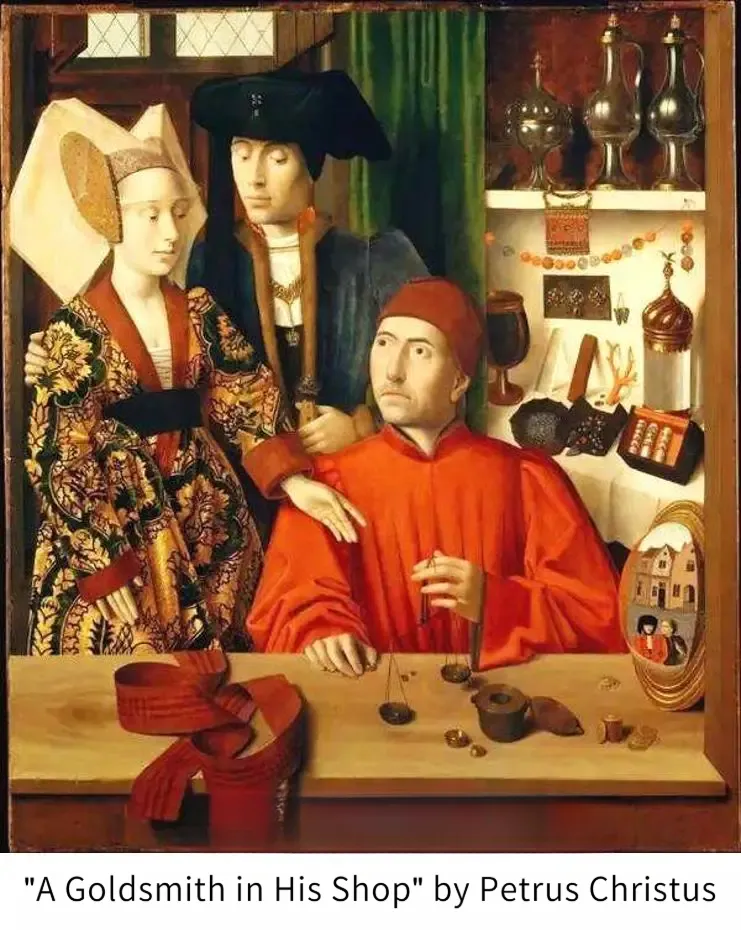 The original artwork A Goldsmith in His Shop from 1449, depicting a proud goldsmith in his shop with young customers, surrounded by displayed rings and brooches.