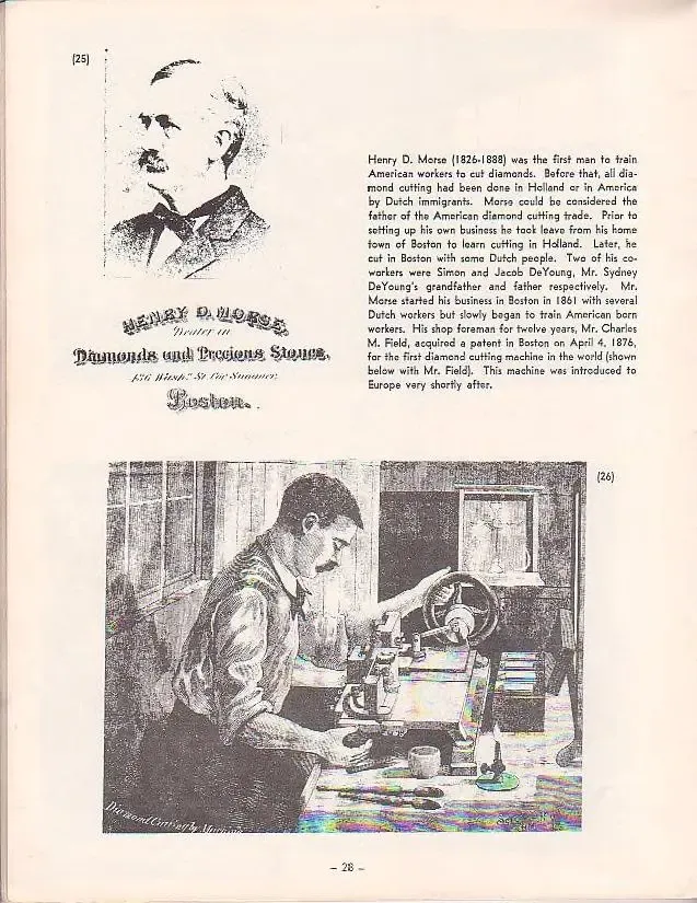 An illustration depicting mechanized production in jewelry workshops, alongside a brief biography of Henry D. Morse (1822-1888), who played a key role in the advancement of industrial jewelry manufacturing during the 19th century.