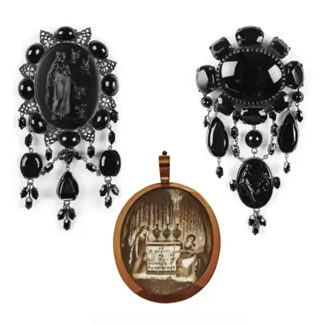 An illustration of mourning jewelry made from jet, showcasing black accessories and jewelry that became popular during the Victorian era as a symbol of grief and loss.
