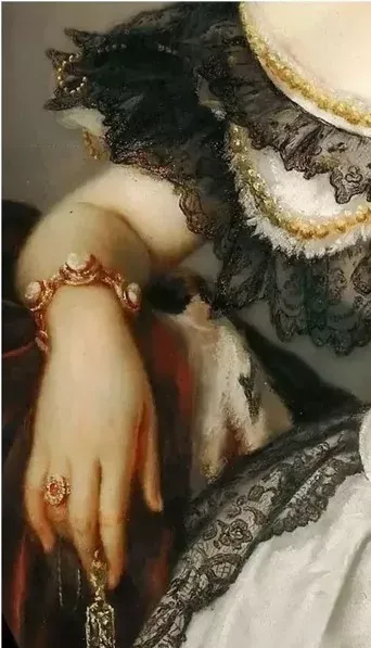 An illustration of a noblewoman sitting on a chair, wearing a bracelet featuring coral cameos and intricate carvings, reflecting the jewelry style of the Romantic Period.