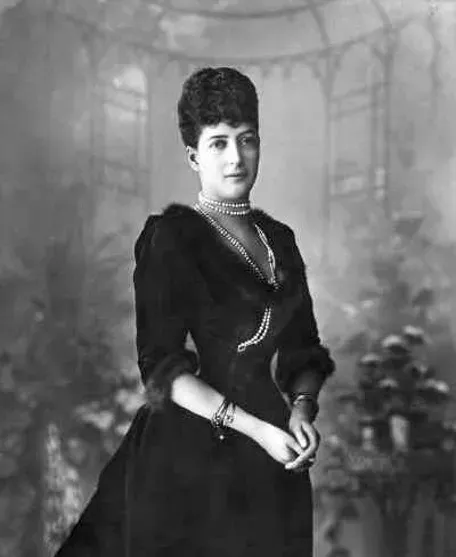 An illustration of Queen Alexandra, the wife of King Edward VII, showcasing her regal elegance and her influence as the new fashion icon of her era after Queen Victoria.