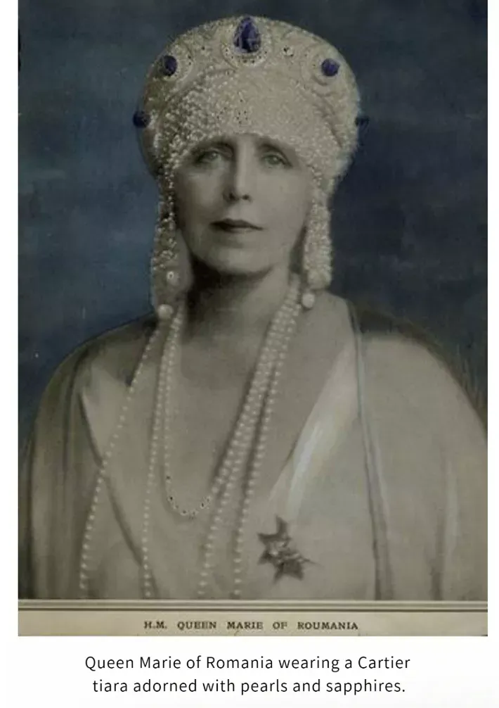 Queen Marie of Romania wearing a regal crown, showcasing the elegance and grandeur of early 20th-century royal jewelry.