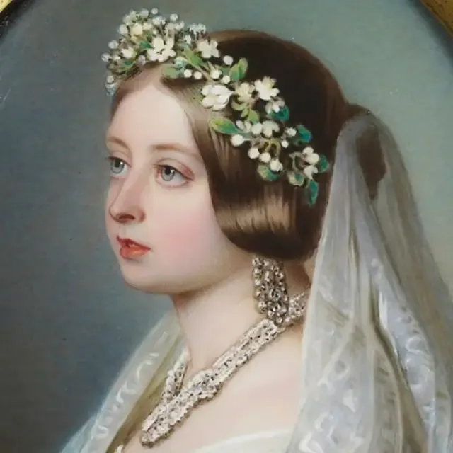 An illustration of Queen Victoria wearing an orange blossom wedding crown, symbolizing purity and tradition, a nod to the 12th-century Spanish custom.