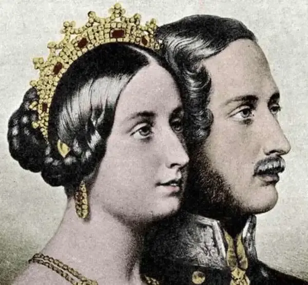 A side-profile portrait of Queen Victoria and Prince Albert, capturing their regal elegance and the deep connection between the royal couple.