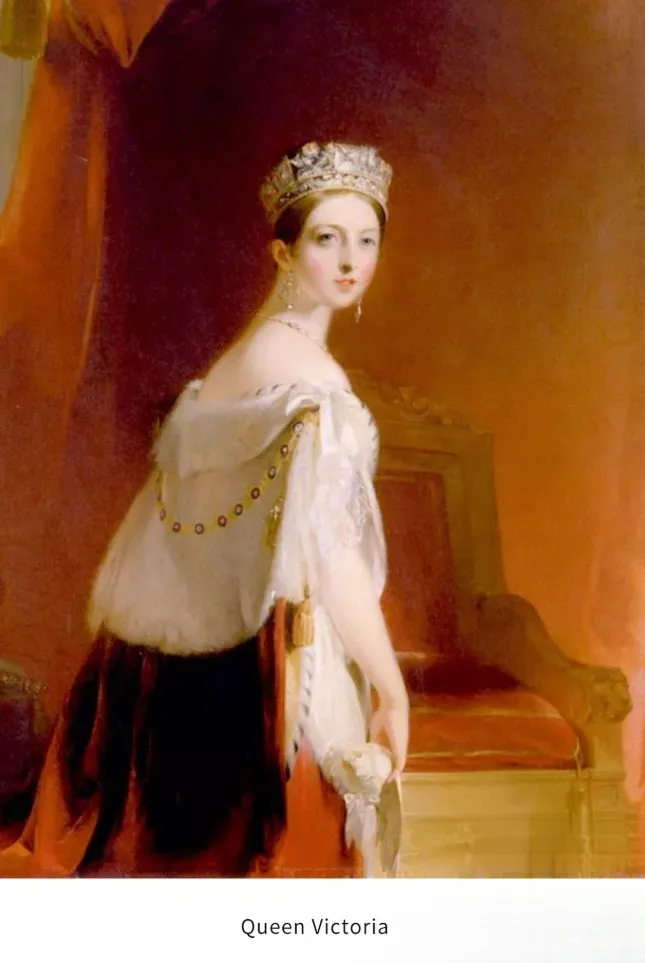 An illustration of Queen Victoria during the Romantic Period (1837-1860), showcasing her modest yet elegant style and the jewelry trends of her youth.