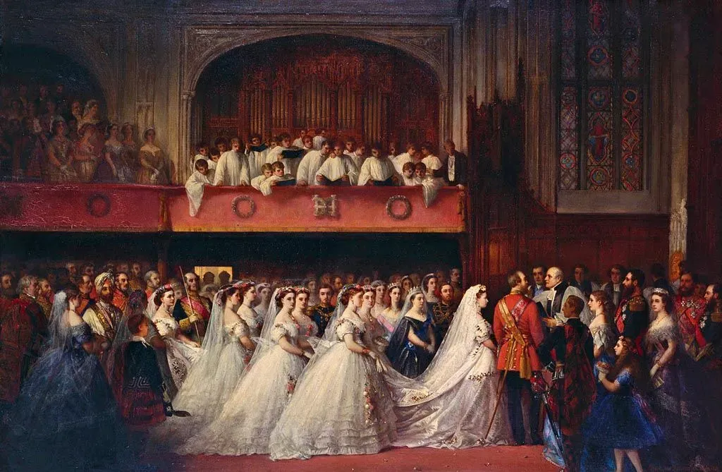 An illustration of the grand wedding ceremony of Queen Victoria and Prince Albert, capturing the majestic atmosphere and historical significance of their union.
