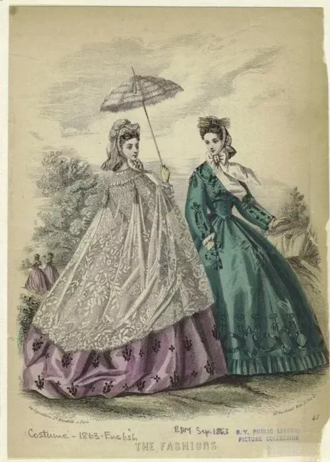 An illustration of two stylish Victorian women from the 1860s-70s, showcasing the eccentric fashion trends of the era, with wide skirts, tightly laced corsets, and exposed ears adorned with fashionable earrings.