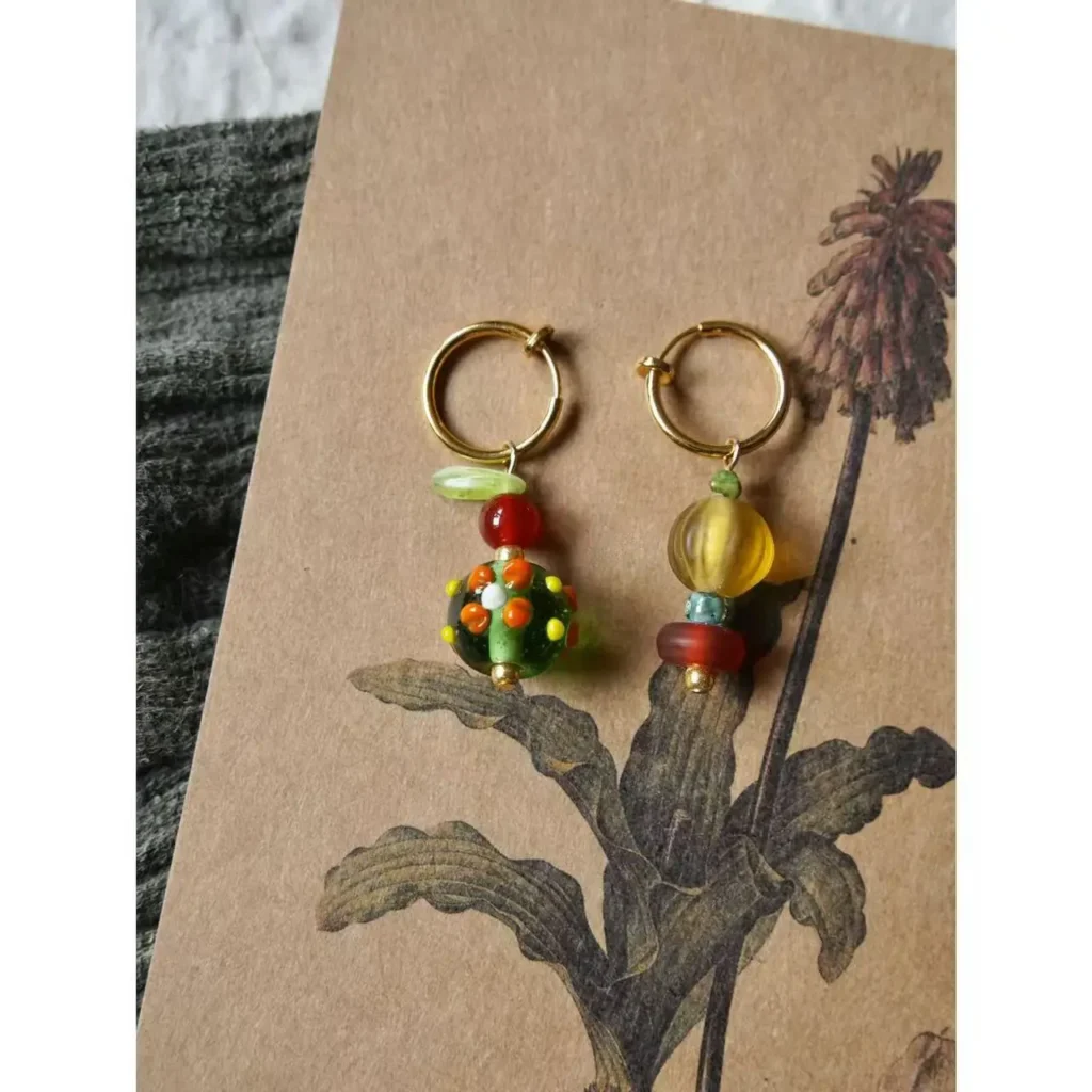 Colorful beaded gemstone hoop earrings – handmade vintage style with stud posts or invisible clip-ons.