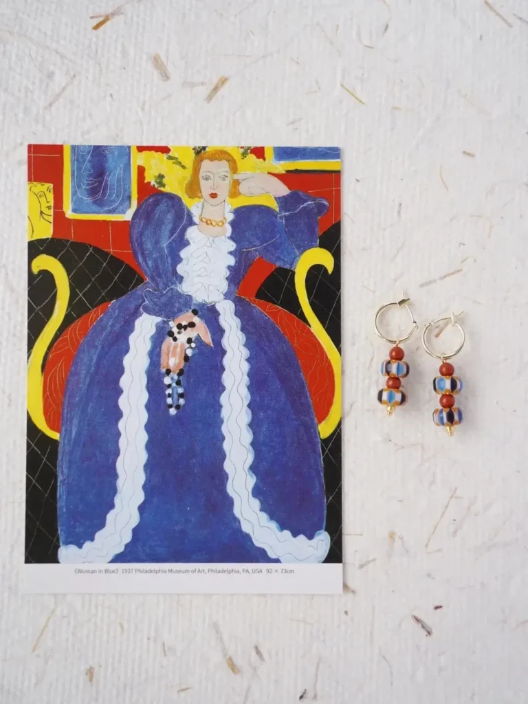 Handmade vintage glass bead earrings inspired by Matisse’s Woman in Blue, blending artistic elegance with timeless charm.