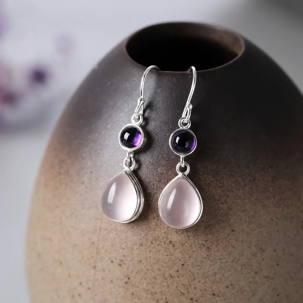 Rose quartz Silver Jewelry earrings with 925 silver hooks, Tarnish Care friendly