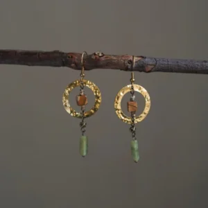 Handcrafted copper earrings with jade pendants, featuring a boho-chic style perfect for everyday wear.