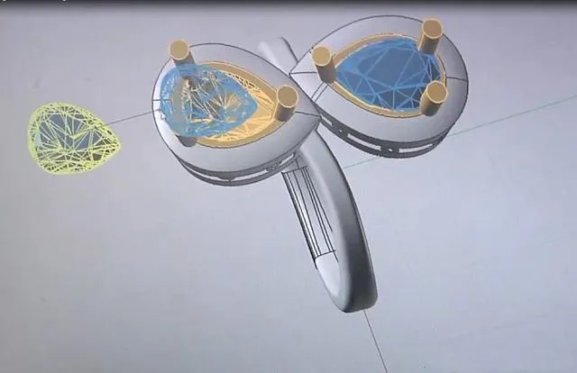A close-up image showing a jewelry designer creating a detailed 3D model of a ring on a computer screen using specialized software.