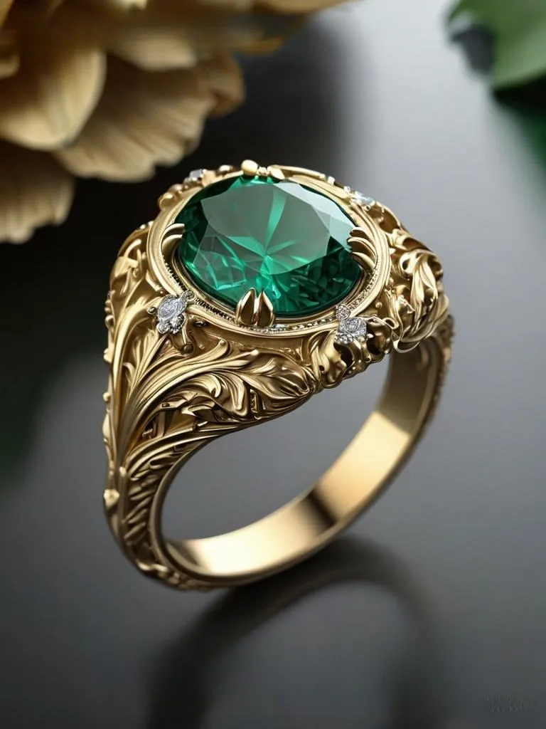 A vintage handmade gold ring set with a vibrant emerald gemstone, featuring an intricately carved acanthus leaf pattern for a classic, luxurious look.