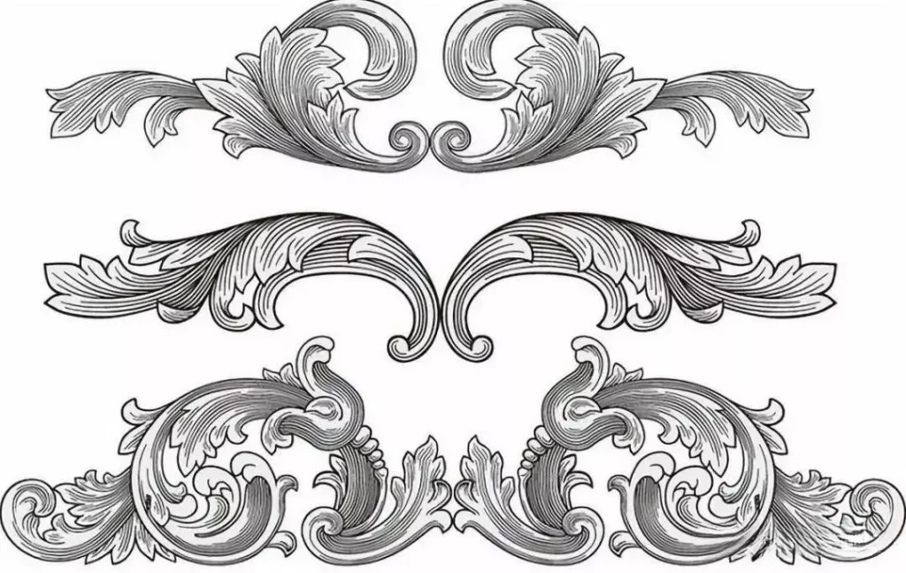 An illustration of an acanthus leaf pattern, depicting the elegant, scrolling forms of the leaves and stems in a classic ornamental style.