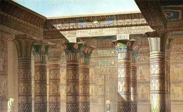 An illustration of a palm motif decoration on an ancient Egyptian temple stone pillar. The design imitates the shape of palm leaves, with fluid and symmetrical lines, showcasing ancient Egyptian art's reverence for natural elements and its unique decorative style.