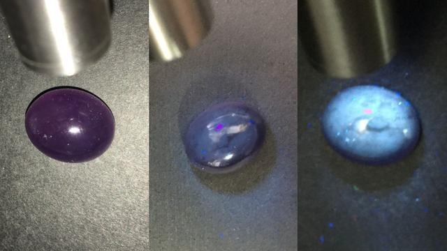 Baoshan Ice Purple cabochon showing strong fluorescence under 365nm UV light (left: normal light, middle and right: UV light)