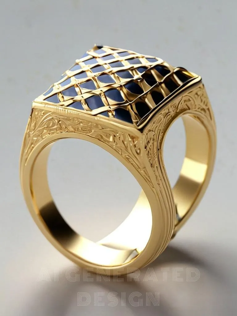 A vintage handmade gold ring featuring a checked pattern on its face, with precise grid lines creating a clean, modern, and geometric design.