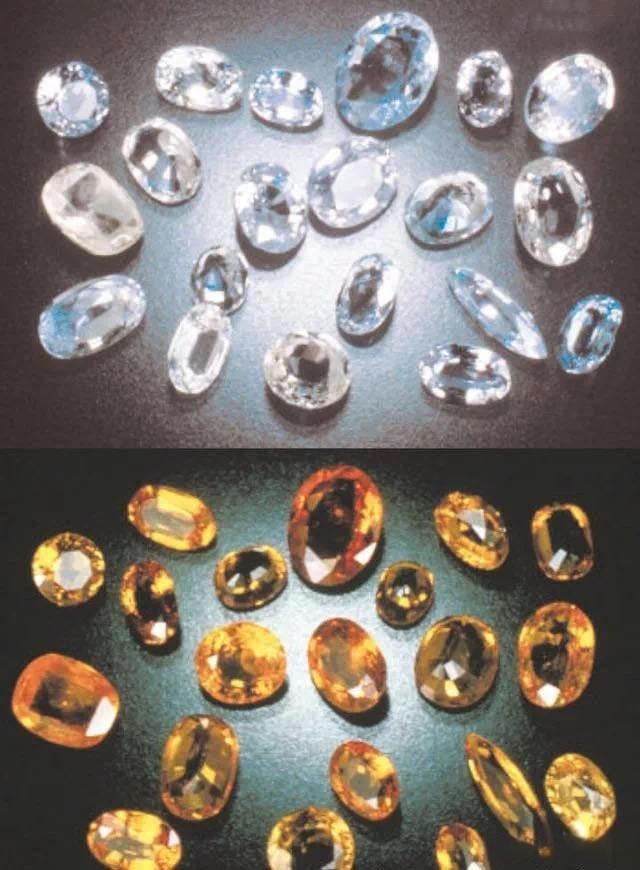 Colorless sapphire before and after irradiation color change, top shows untreated, bottom shows irradiated