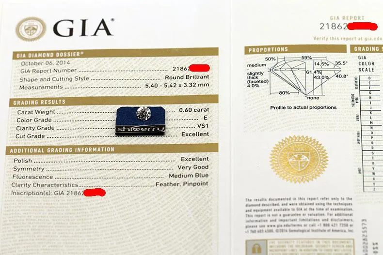 An image of a diamond dossier report, a smaller and more concise version of a GIA grading report often used for diamonds weighing under 1.00 carat.