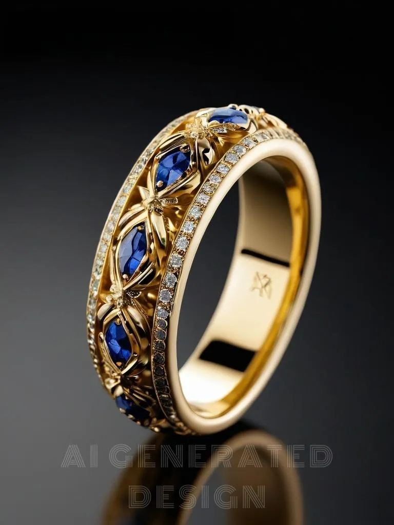 A vintage handmade gold or platinum ring featuring a quilted diamond-patterned surface, with sparkling diamonds at the intersections and deep blue sapphires inlaid in alternating segments, creating a luxurious, textured design.
