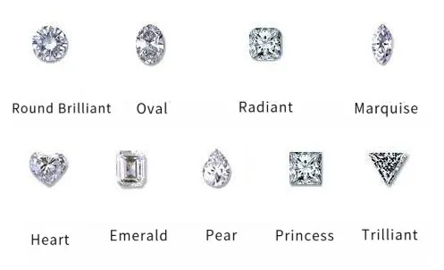 An illustration of various diamond shapes and cuts, including popular styles like Round, Princess, Cushion, and Oval, used for engagement rings and other jewelry.