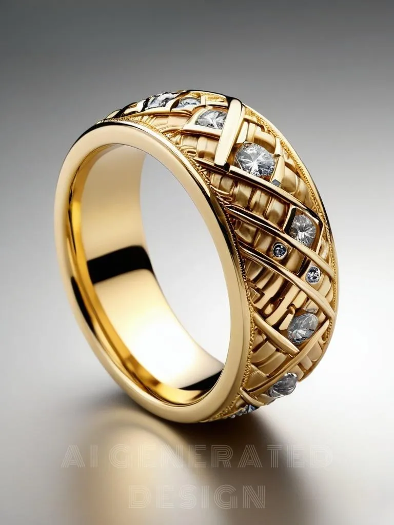 A vintage handmade gold ring featuring a diamond twill pattern on its face, with interlocking textures forming continuous diamonds for a three-dimensional, structured design.