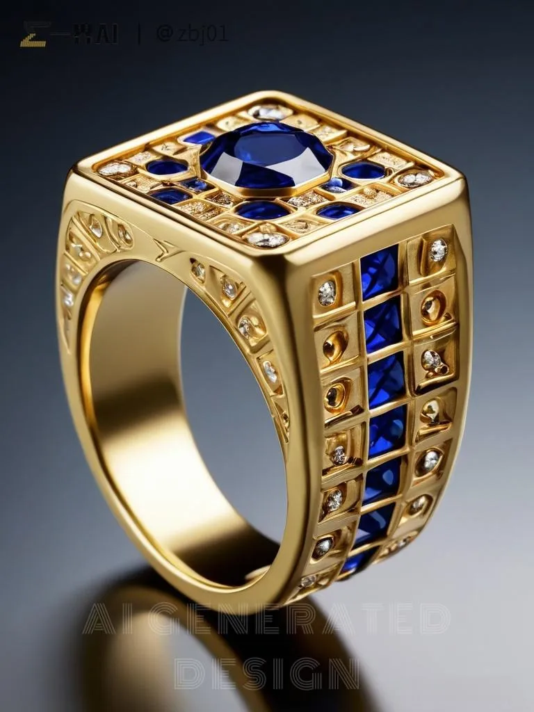 An illustration of a gold ring with a dice pattern on its face. The design features a series of small, recessed squares that mimic the look of dice, giving the piece a unique and playful geometric aesthetic.