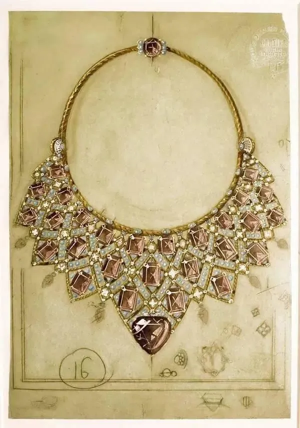 The design drawing by Cartier for the Duchess of Windsor's necklace from 1947, showing the arrangement of the amethyst, Sleeping Beauty turquoise, and diamonds.
