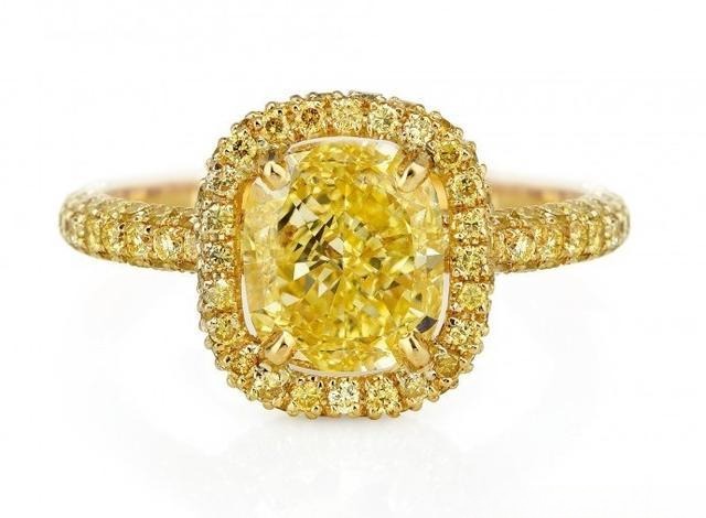 Fancy colored diamond ring showing the rarity of Fancy Vivid and Fancy Intense diamonds, compared with the more common Fancy Light diamonds.