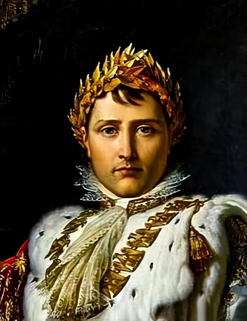  An illustration of the 1806 portrait of Napoleon by François Gérard. In the painting, Napoleon is wearing a coronation crown made of golden laurel leaves, symbolizing his victory and authority, and showcasing the solemn and magnificent style of the Neoclassical period.