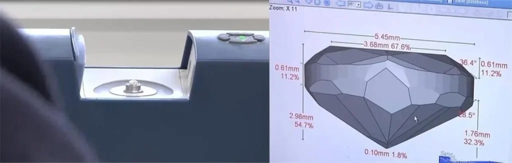 A gemstone being scanned by a 3D scanner to obtain its precise measurements and parameters for custom jewelry design.