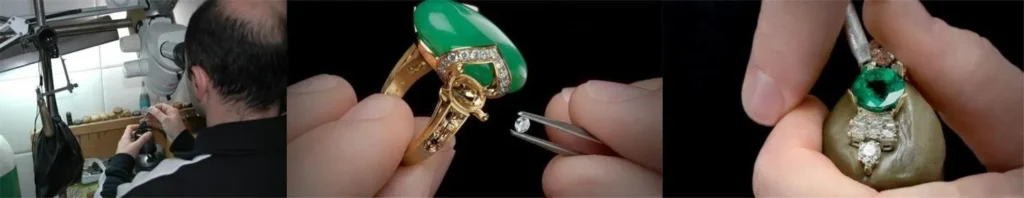 A jeweler carefully setting a gemstone into a jewelry piece using specialized tools.