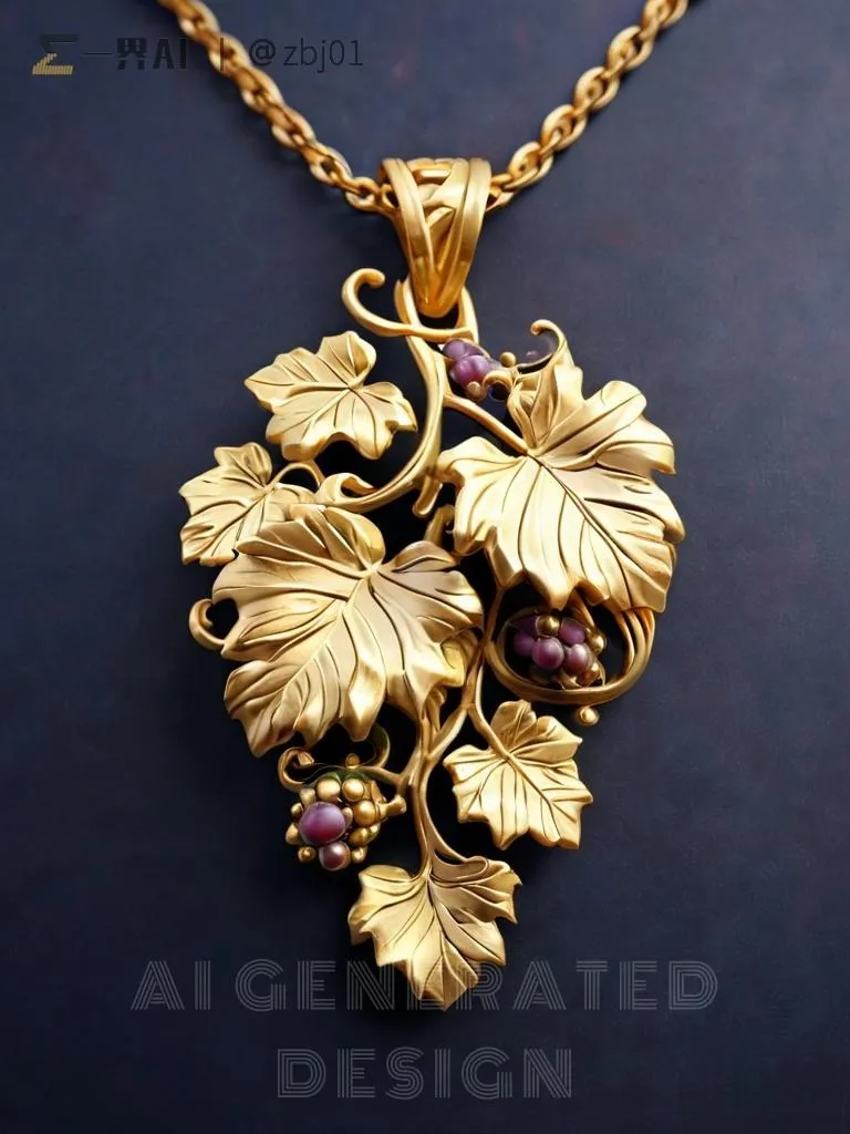 A vintage handmade gold necklace pendant featuring an intricate grapevine scroll pattern, with curling tendrils, leaves, and detailed grape clusters symbolizing abundance and a rich harvest.