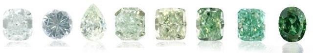 Range of green diamonds available on the market, from light green to deep green, showing the typical colors of circulated green fancy colored diamonds.