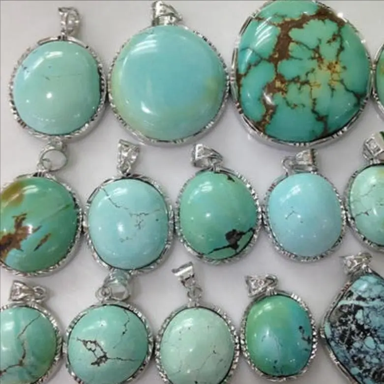 An illustration of a medium-quality green turquoise gemstone, with a common color range from bluish-green to pea-green, showcasing its moderate density and hardness.