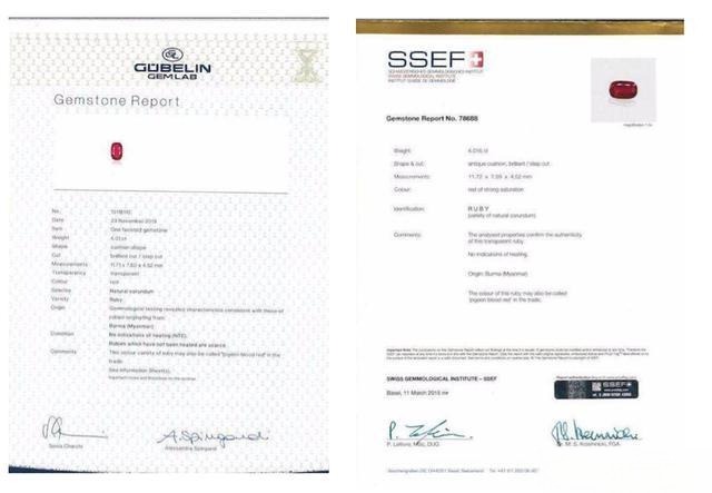 Left: Gübelin ruby certificate, Right: SSEF ruby certificate, both showing color grading and Pigeon’s Blood classification
